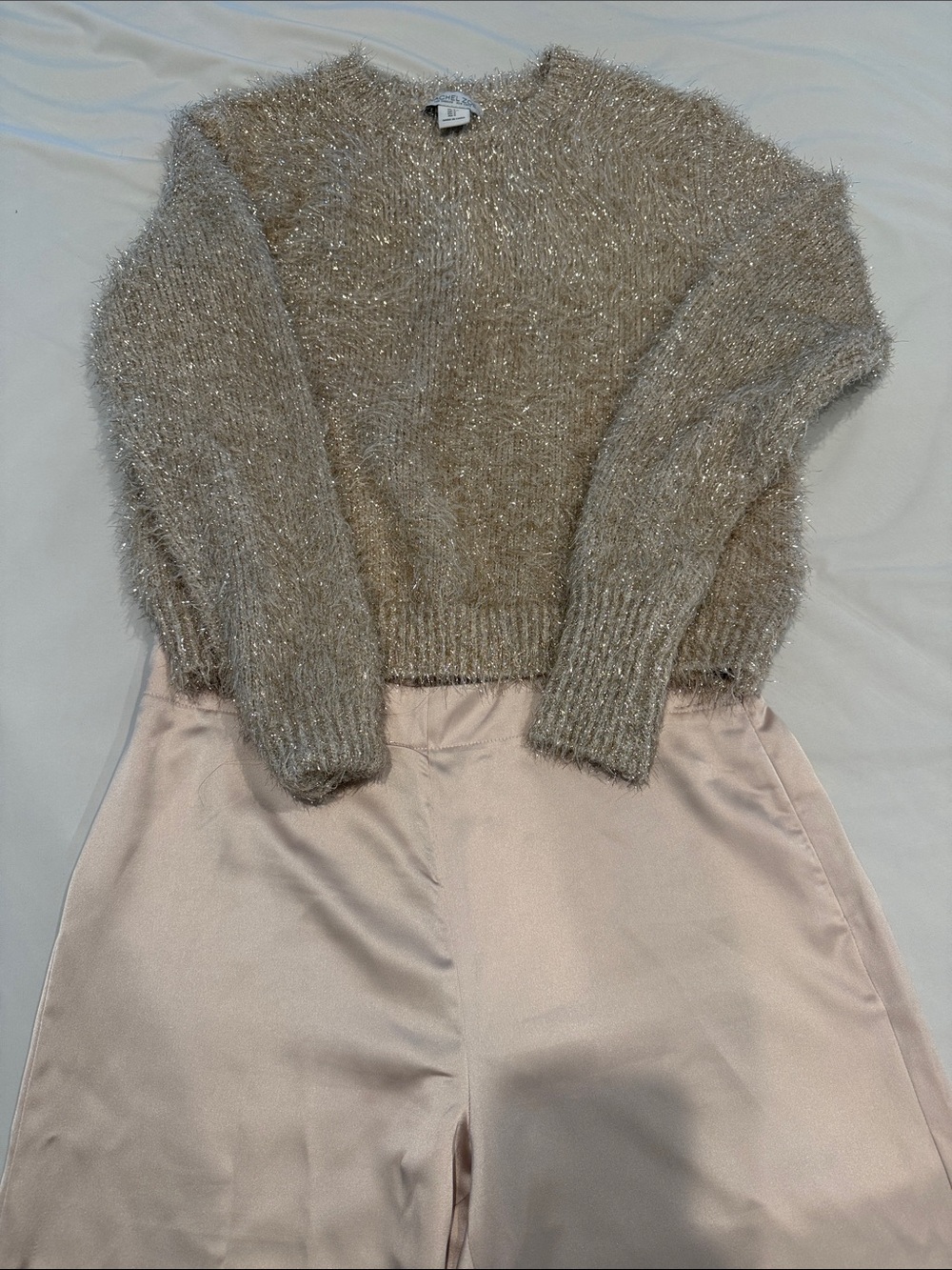 Rachel Zoe Beige Sparkle Fuzzy Crewneck Sweater with pants